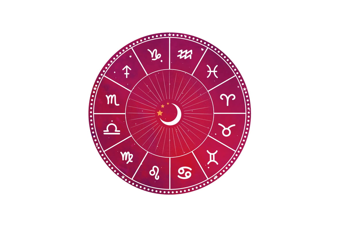 An ornate astrology zodiac wheel glowing over a starry sky